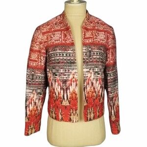 H&M Southwest Boho Open Front Lined Layer Print Red White Yellow Jacket Size 2